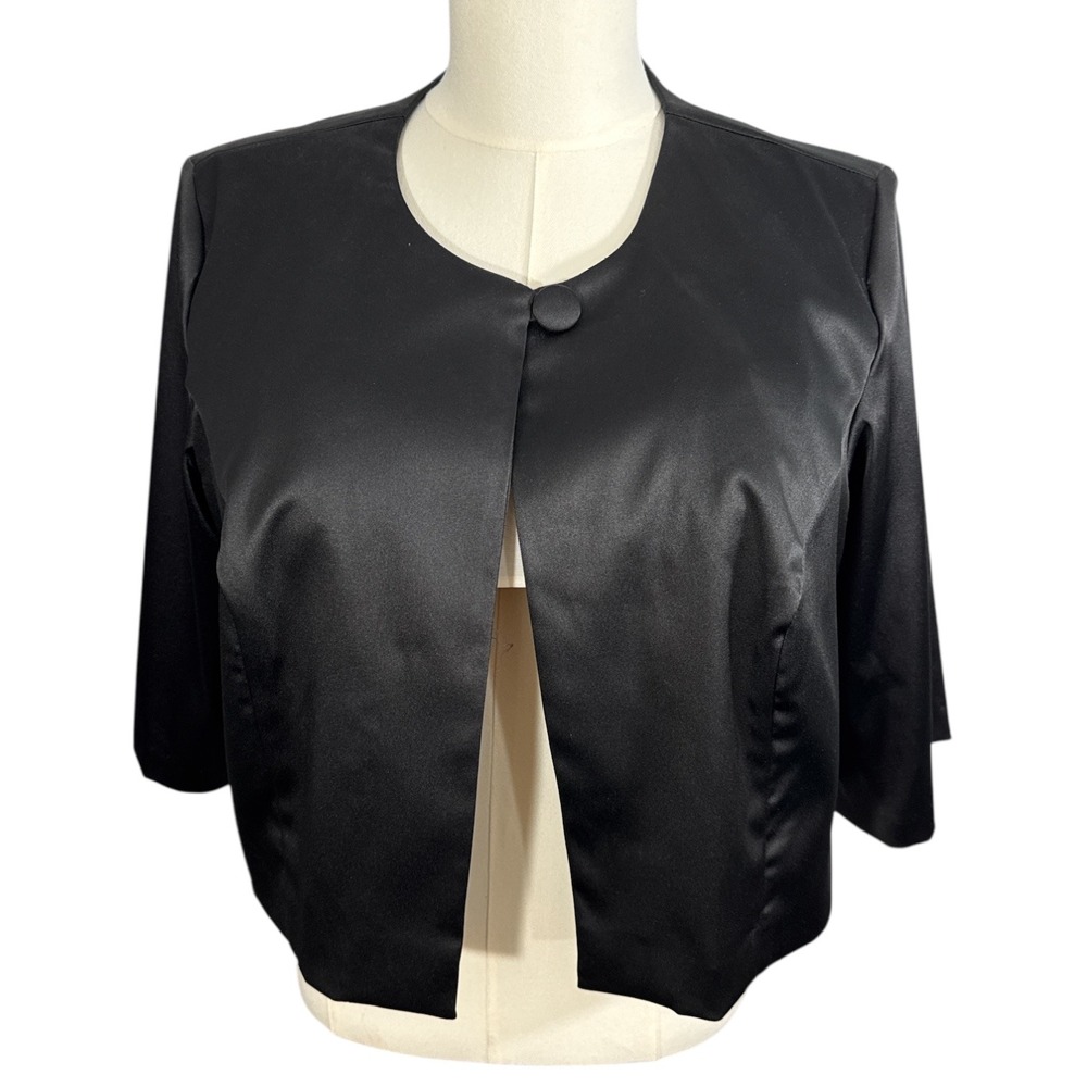 Signature by Robbie Bee Black Satin Cropped Bolero Jacket 2X 3/4 Bell Sleeve EUC